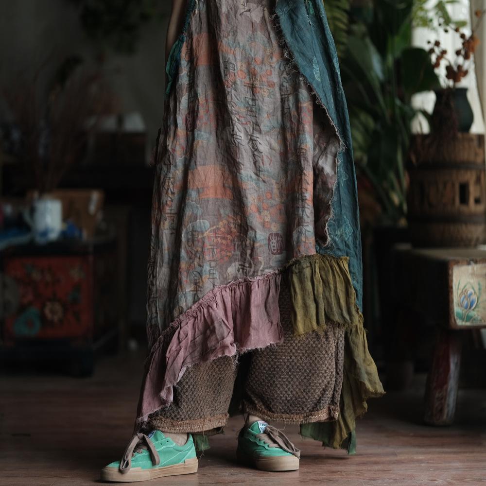 Johnature Women Vintage Patchwork Dress Summer High Quality Print Floral Sleeveless Spaghetti Strap Female Dress