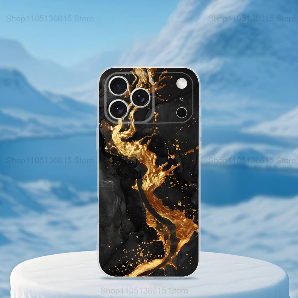 Marble Art Black Gold Phone Case For iPhone 16,15,14,13,12,11,17 Pro,Max,Plus,X,XS,XR,SE,Mini Transparent Soft Cover