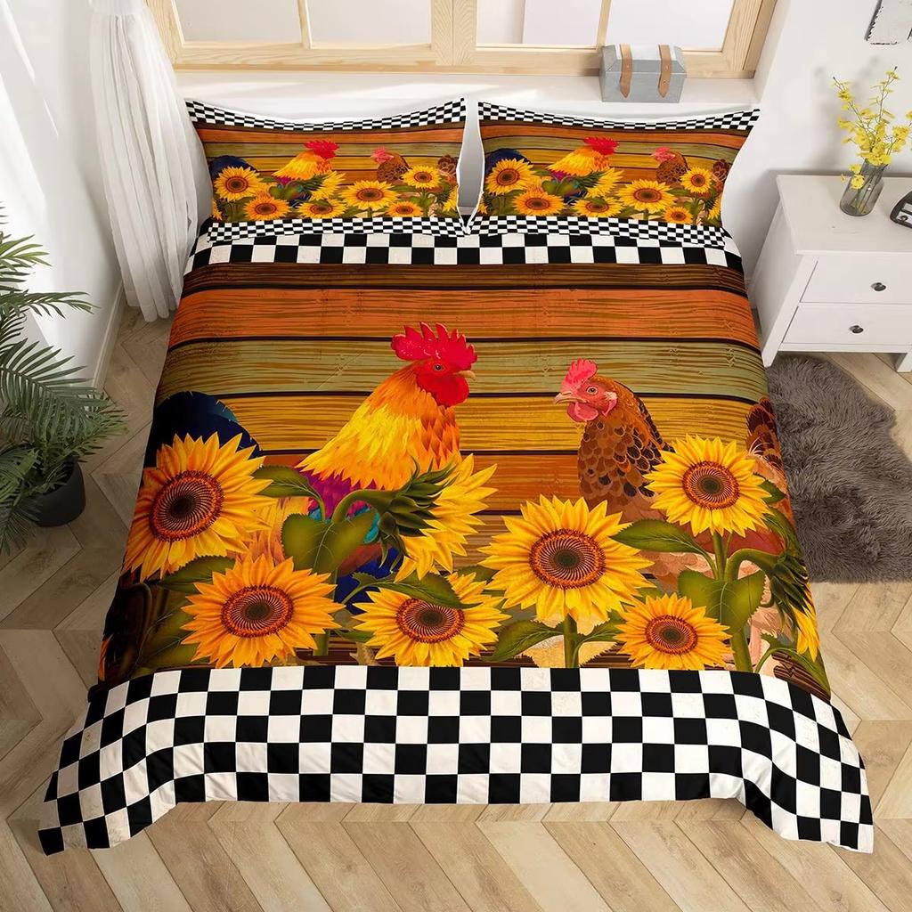 Rooster Duvet Cover Set Twin King Size,Watercolor Chicken Farmhouse Animal Bedding Set For Kids Boys Girls Floral Quilt Cover