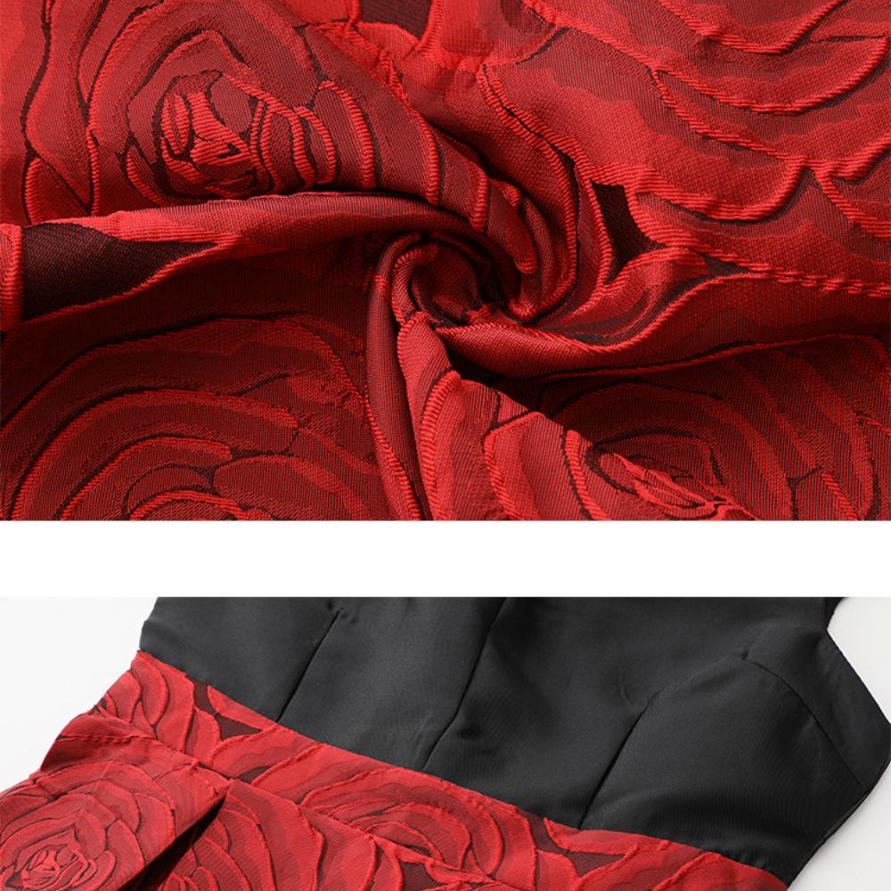 2026 Spring New Arrival Elegant V-neck Red and Black Patchwork Jacquard Wedding Party Dress