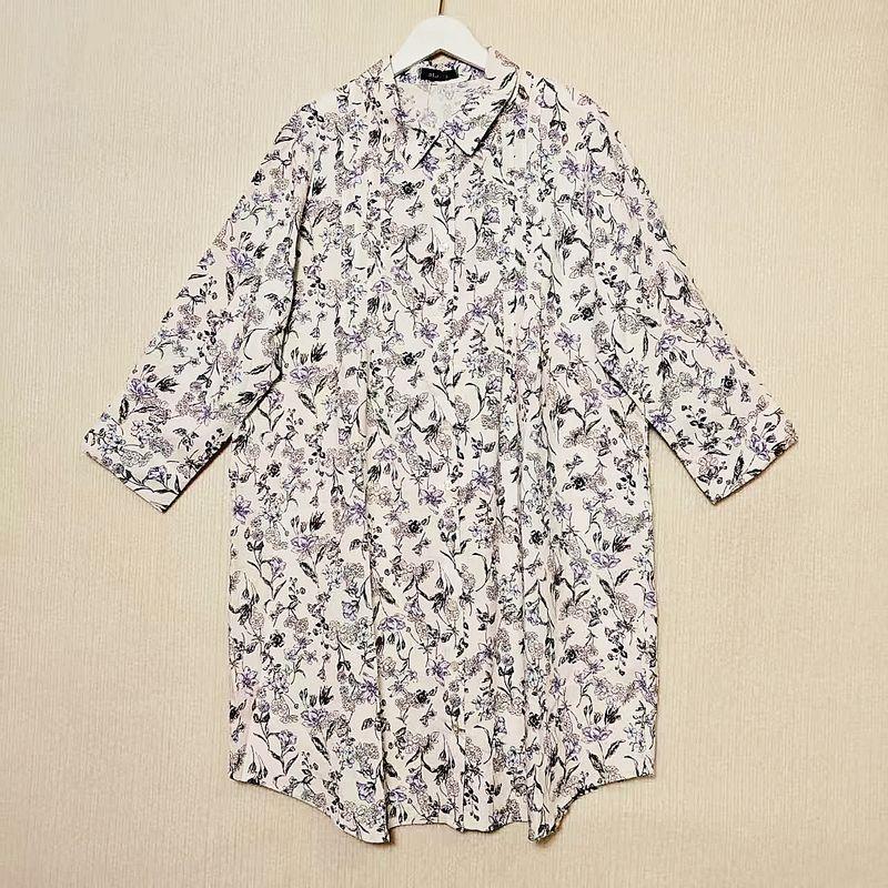 Export Japanese Single Tail Goods Rayon Print Happy Mid Length Long Length Shirt Women's Organ Pleated Loose Casual Customer Supply Fabric Summer