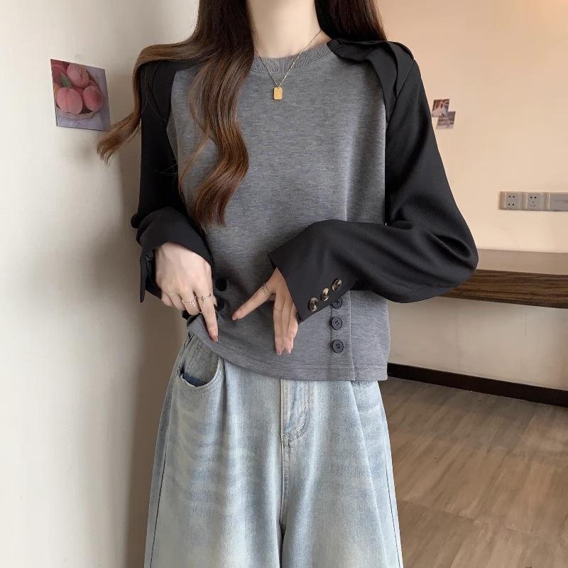 

Осенняя новая футболка с длинным рукавом и рваным краем контрастного цвета, женский дизайн, круглый вырез, универсальный топ-поддева S серый