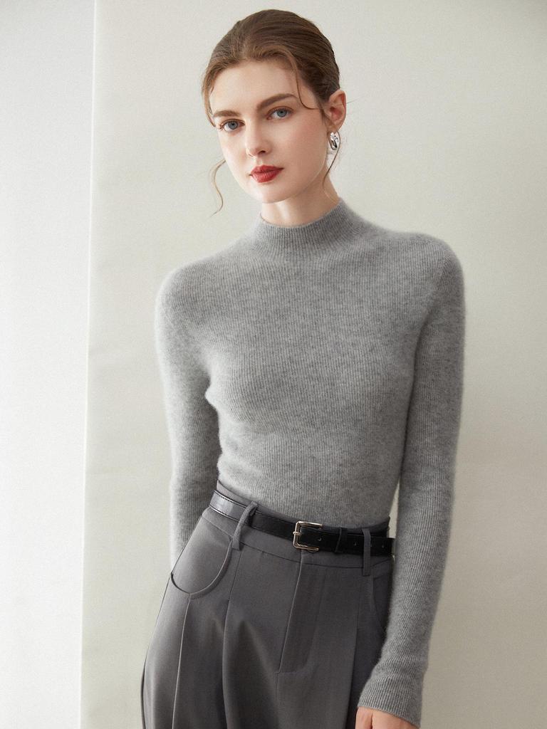 Premium Seamless 100% Cashmere Women's Ribbed Slim Fit Half-High Neck Sweater