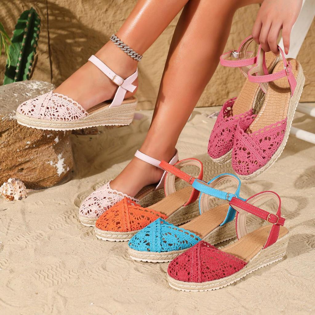 Women's Breathable Wedge Espadrille Buckle Sandals - Fashionable Plus Size Thick Sole Sandals
