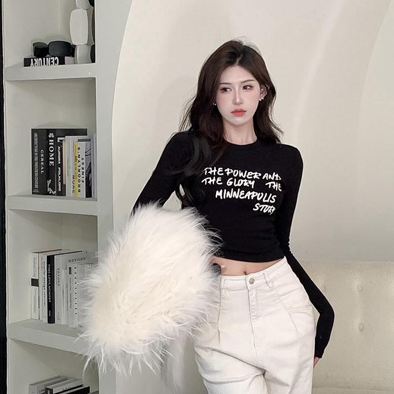 Ladies Autumn Fasshion Long Sleeve Crew Neck Slim Fit Basic Letter Printed Pullover T Shirt Crop Top for Layering