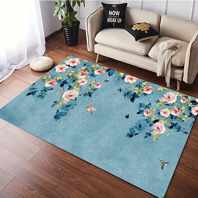 Chic Teal And Pink Rose Rug With Bird And Butterfly Pattern - Quick Drying, Machine Washable, Suitable For Living Room, Bedroom