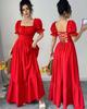 Summer 2025 European & American Women's Square Neck Tie-up Waist Dress