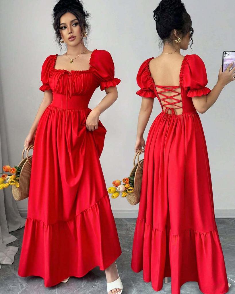Summer 2025 European & American Women's Square Neck Tie-up Waist Dress
