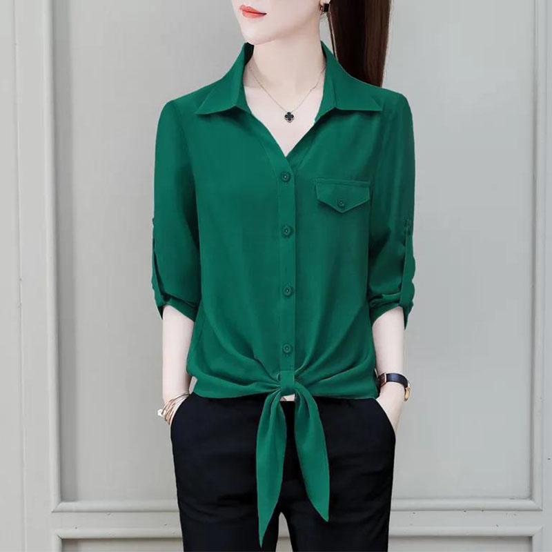 

Женская блузка поло с воротником-стойкой, летняя новая базовая, для офиса, однобортная, однотонная рубашка, модная женская блузка с рукавами 3/4 и шнуровкой XXXL зелёный