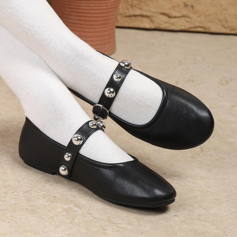 

Весенне-осенние туфли-бабушки мелкой посадки, однословные, с ивовыми шипами, кожаные балетки на плоской подошве, туфли Мэри Джейн, маленькие белые туфли 41 чёрный