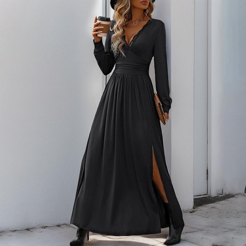 European & American Style Pleated Long Dress with Lace Slit for Spring