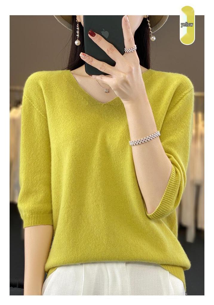 Women's 100% Pure Wool V-neck Short-Sleeve Knit T-shirt, Spring/Autumn Versatile Base Layer Sweater