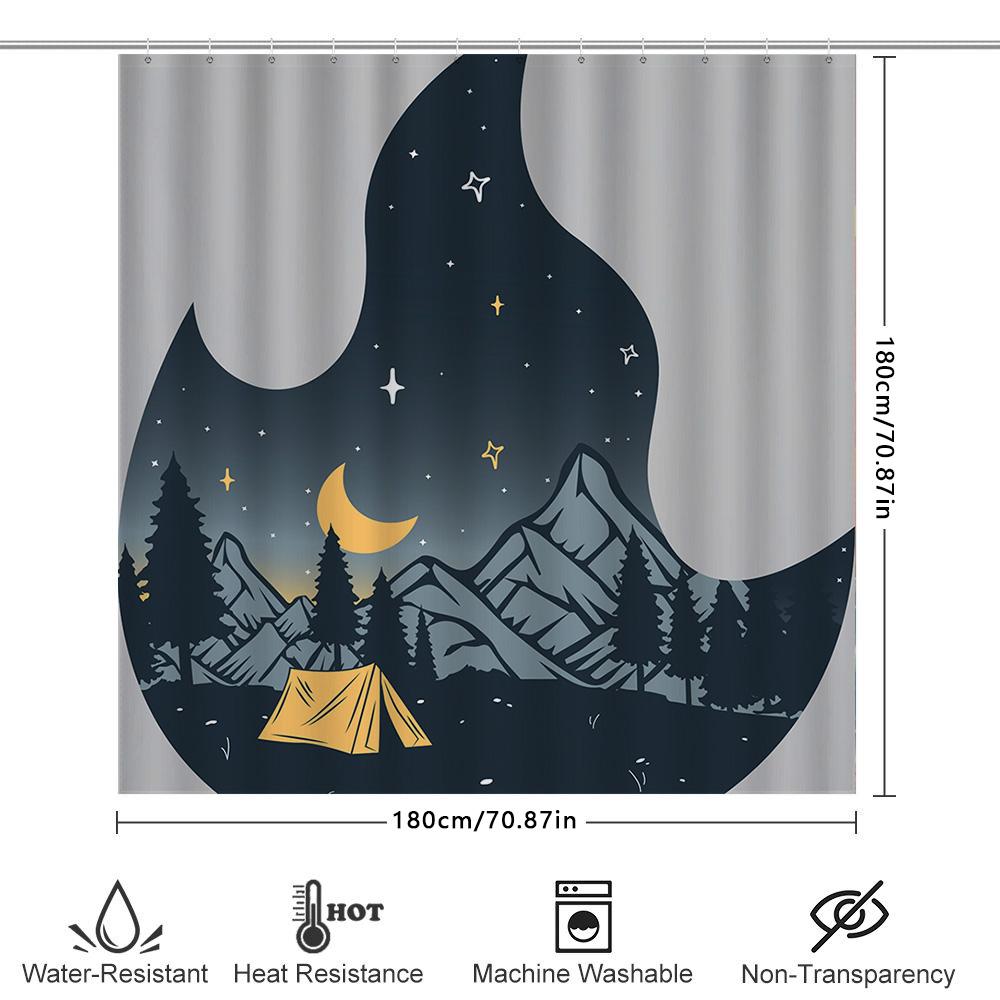Outdoor Camping Shower Curtain Moon Stars Forest Tents Print Bath Decor Waterproof Fabric Decoration