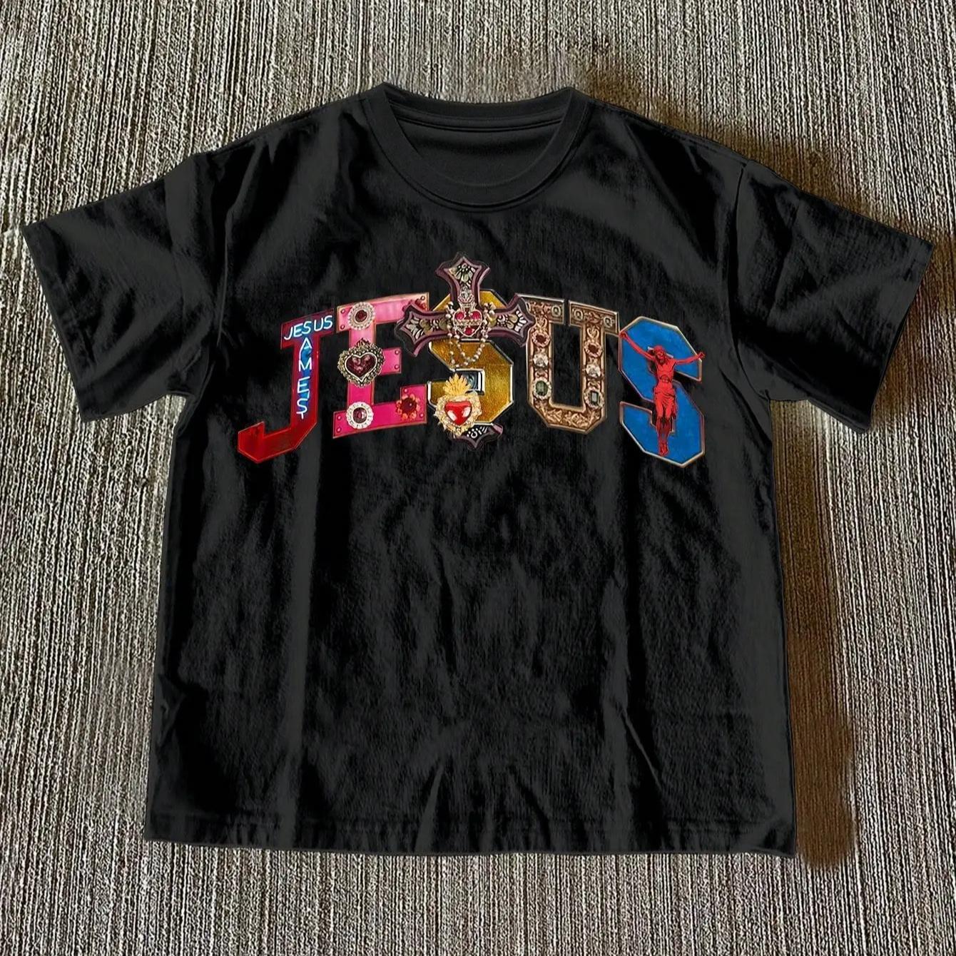 

2026 Мужская Женская Высококачественная Хлопковая Футболка с Коротким Рукавом Многоцветный Драгоценный Камень Крест и Иисус Графический Принт Унисекс Футболка с Круглым Вырезом 4XL
