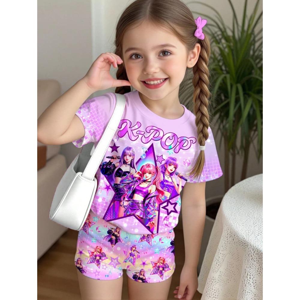 K-Pop-Cartoon-Grafik-T-Shirt- und Hosen-Set für Mädchen, Sommerkleidung für Mädchen, süßes Kurzarm-Set, Kinder-T-Shirt- und Shorts-Set