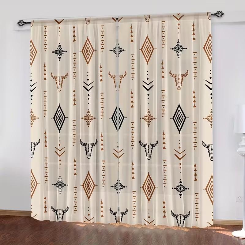 Set Of 2 Aztec Bull Skull Print Curtains Decorative Living Room Decor Window Drapes Boho Made Polyester Area Treatment