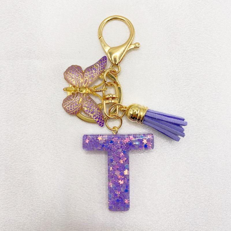 26-Letter Alphabet Resin Keychain with Star Sequins & Tassel Charm