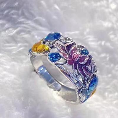 Vintage Ethnic Style Enamel Color Oil Women's Ring Lotus Hollow Fashion Colorful Rings Lady Girls Jewellery Accessories