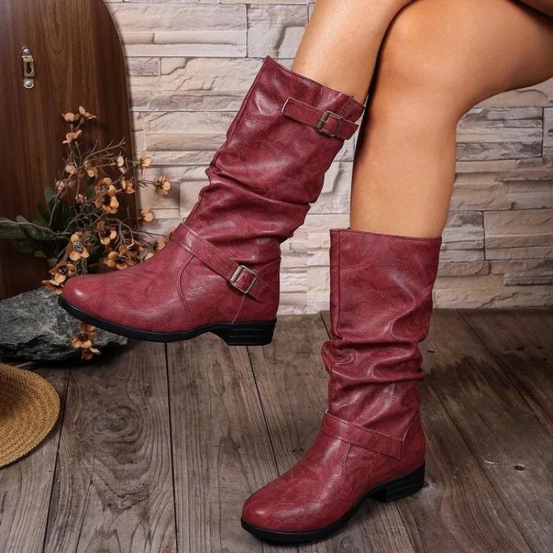 Fashion Shoes Female 2025 New Slip-on Women's Boots Fashion Belt Buckle Modern Boots Women Winter Plus Size Best Seller Mid-Calf Boots