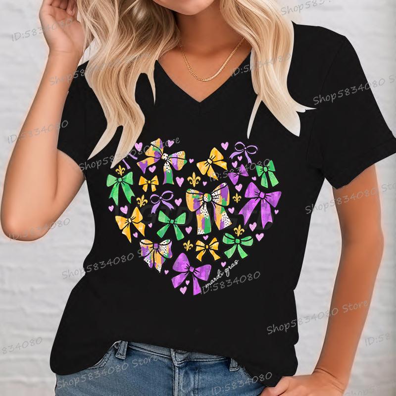 2025 New Womens Mardi Magic Bows Tshirt Summer Fashion Short Sleeved Top New Orleans Bows Print V Neck Party FeUnisex Tshirt