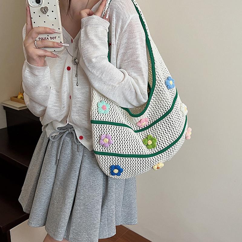 Fashion Knit Beach Bag for Women Large Capacity Summer Tote with 3D Floral Decor Girls Casual Shoulder Handbag Travel Bags KTB