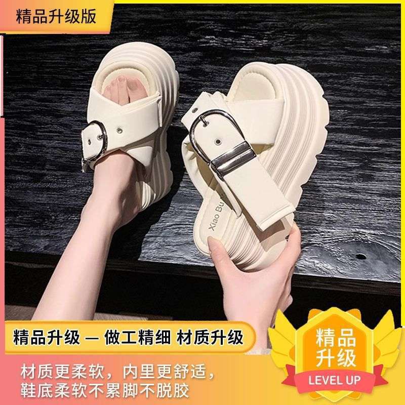 Muffin thick-soled one-word slippers for women's summer wear 2025 new cross-strapped open-toed temperament versatile beach slippers
