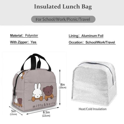 LDU Miffy Lunch Bag, Black, Insulated Lunch Box with Zipper, Compact, Soft Cooler Bag