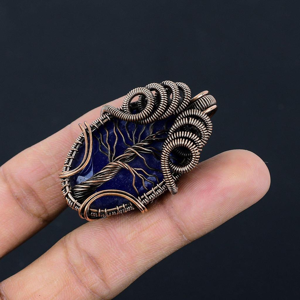 Blue Sapphire Pendant, Handmade Gemstone Pendant, 999 Copper Wire Wrapped Pendant Antique Jewelry, For Engagement Gift