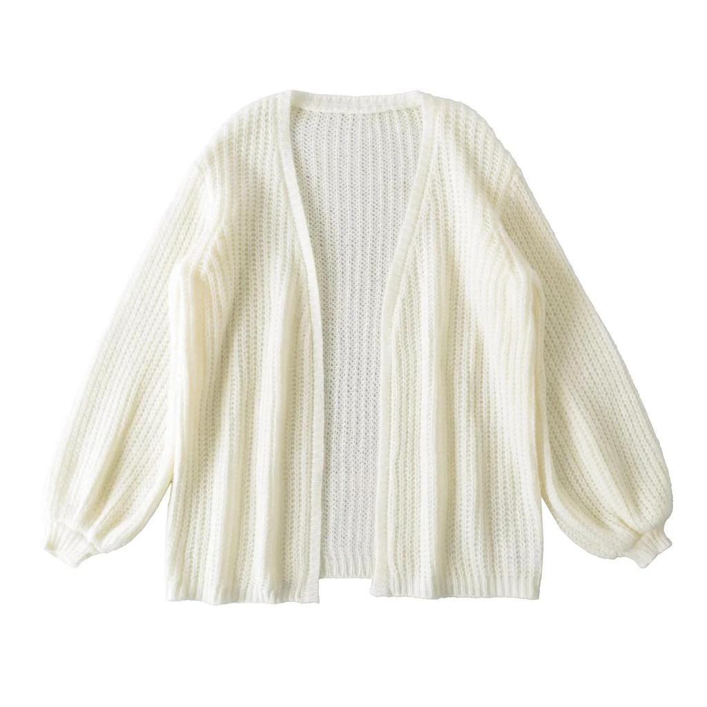 Solid Color Lantern Sleeve Knit Cardigan Jacket - Women's Autumn Loose Casual Style