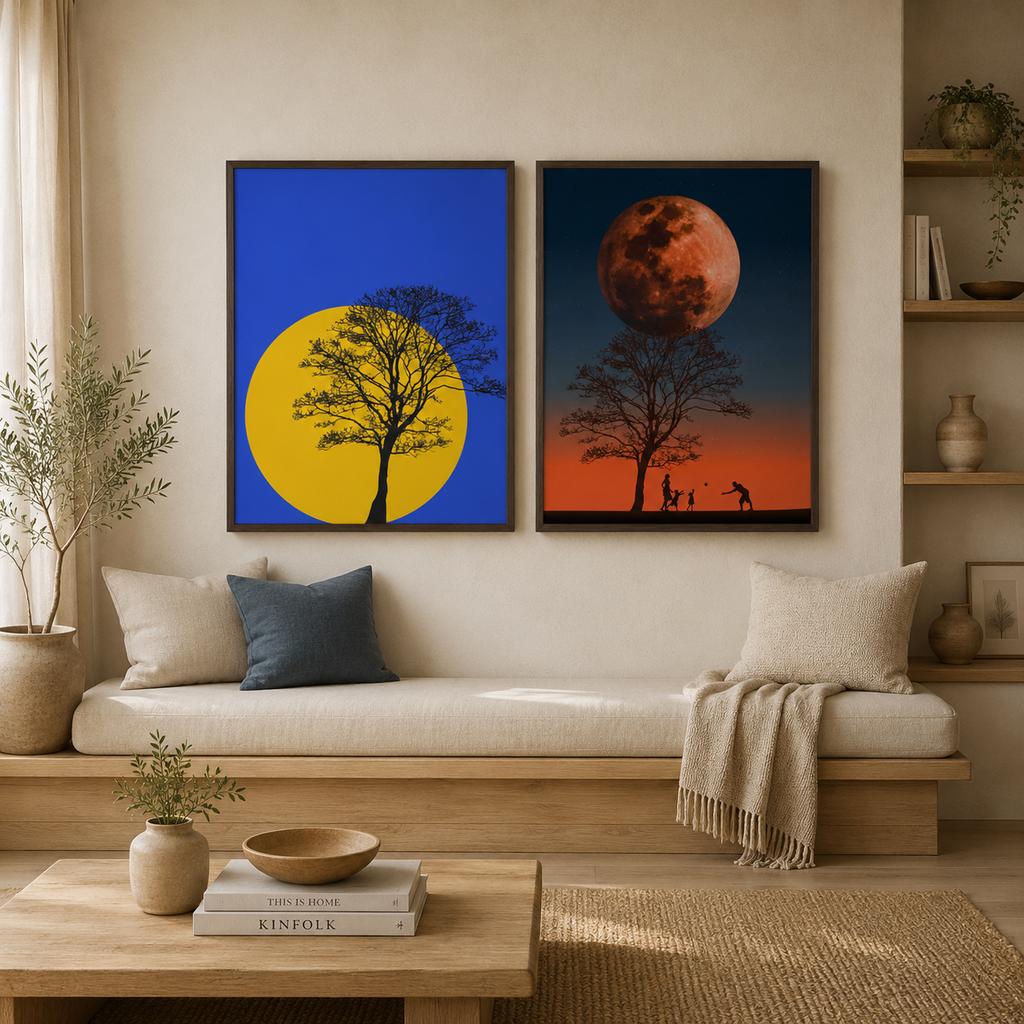 Abstract Wall Art Landscape Tree Sun Moon Silhouette Canvas Painting Modern Style Poster Prints for Living Room Wall Decor