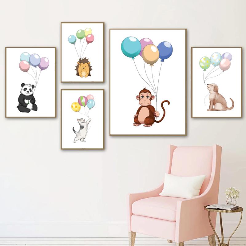 Roztomilé Zvíře Štěně Opice Kůň Balón Dětský Pokoj Nástěnné Umění Plátno Malba Plakáty a Tisky Nástěnné Obrázky Dětský Pokoj Dekor Bez Rámu
