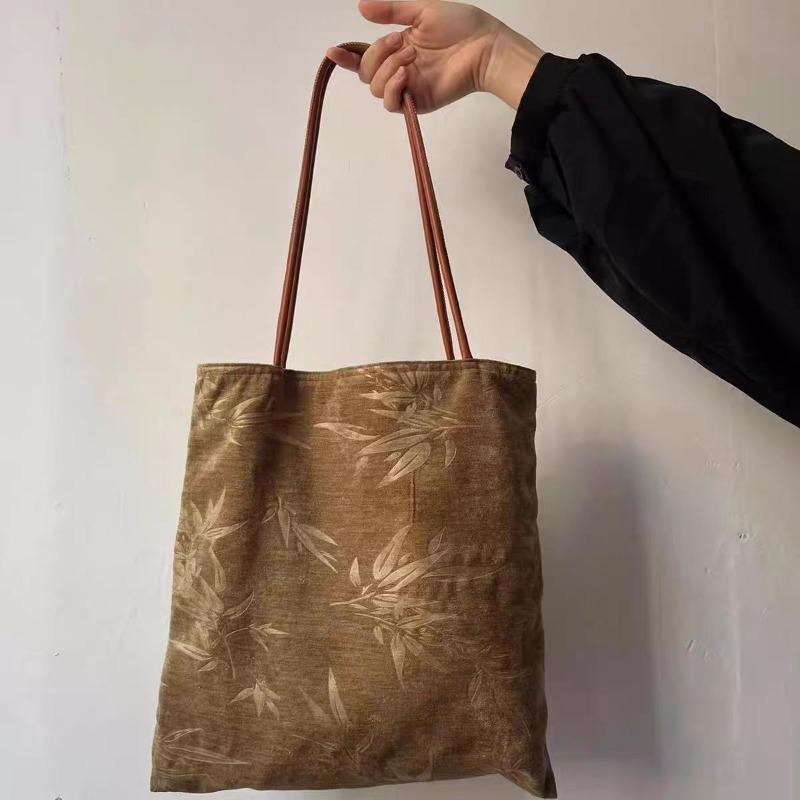 

Autumn and winter new Chinese style cheongsam bag bamboo leaf embossed corduroy large capacity tote shoulder handbag cloth bag