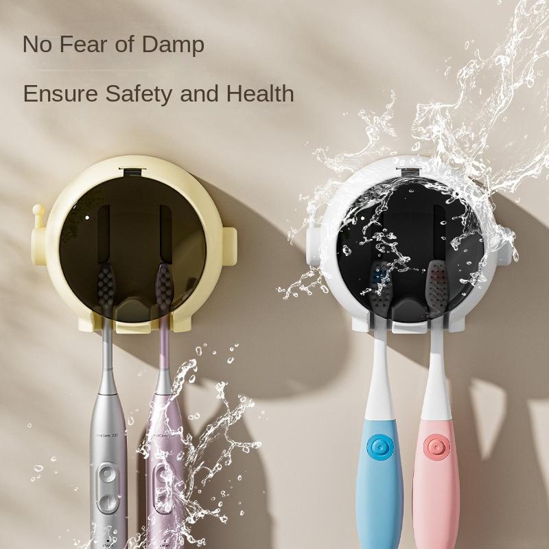 Wall-Mounted Toothbrush Holder with Dust Cover - No Drill, Upside Down Design for Electric & Manual Brushes, Space-Saving Bathroom Organizer KTY