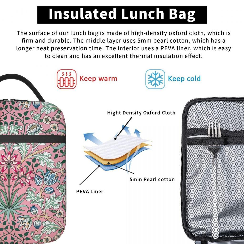 William Morris Lunch Bag Flower Print Aesthetic Lunch Box Outdoor Picnic Portable Thermal Lunch Bags Print Cooler Bag