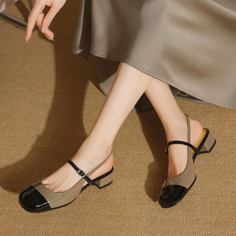 

Французские женские сумки, сандалии с открытой пяткой, ретро туфли Мэри Джейн, открытый носок, легкие, на толстом каблуке, однотонные, весна и лето, новые для通勤 34 хаки
