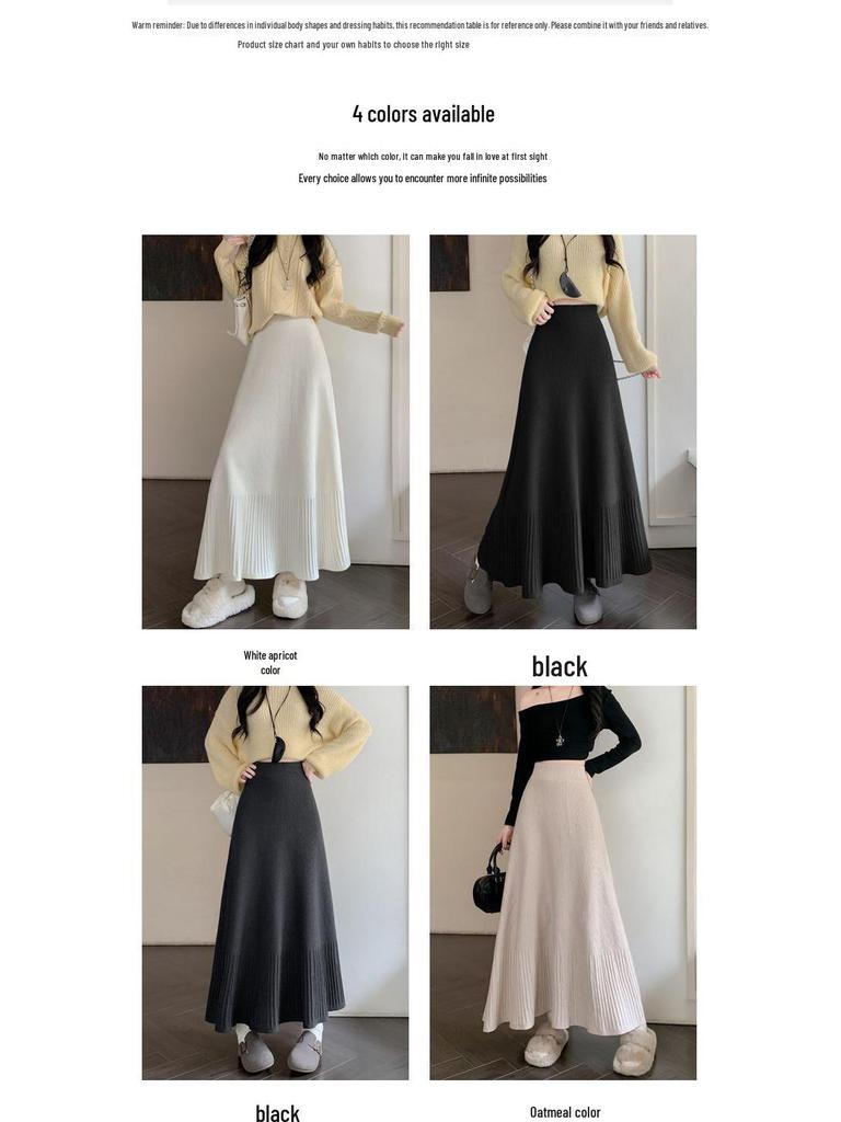 High Waist Autumn/Winter Pleated A-line Knit Skirt with Slimming Design