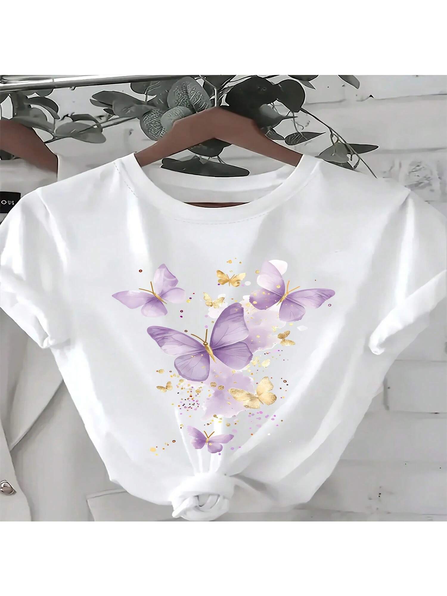 Summer Round Neck Wounisex s Cheap And Affordable T-Shirt Sparkling Purple Butterfly Pattern Printed Fashionable Casual Short S разноцветный