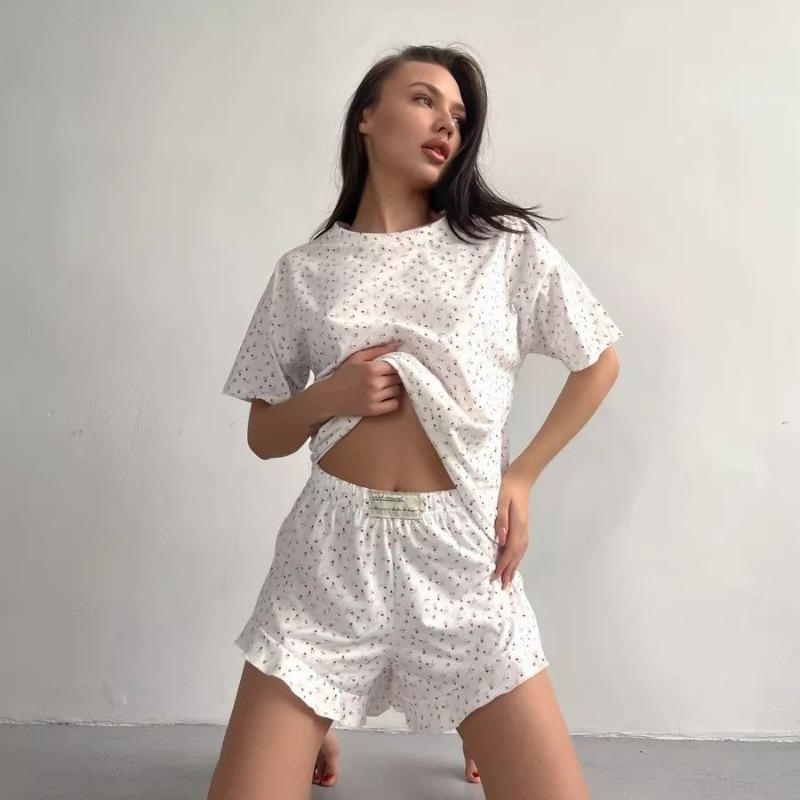 VEZFAA Damenmode Casual Sommer Frühling Blumenmuster Druck Kurzarm O-Ausschnitt Hosen Hosenanzüge