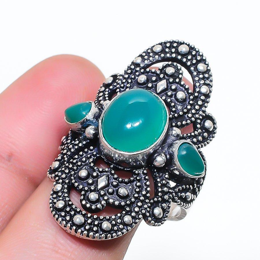 Anello in Argento Sterling 925 con Pietra Naturale di Onice Verde Misura 9 AR-17195