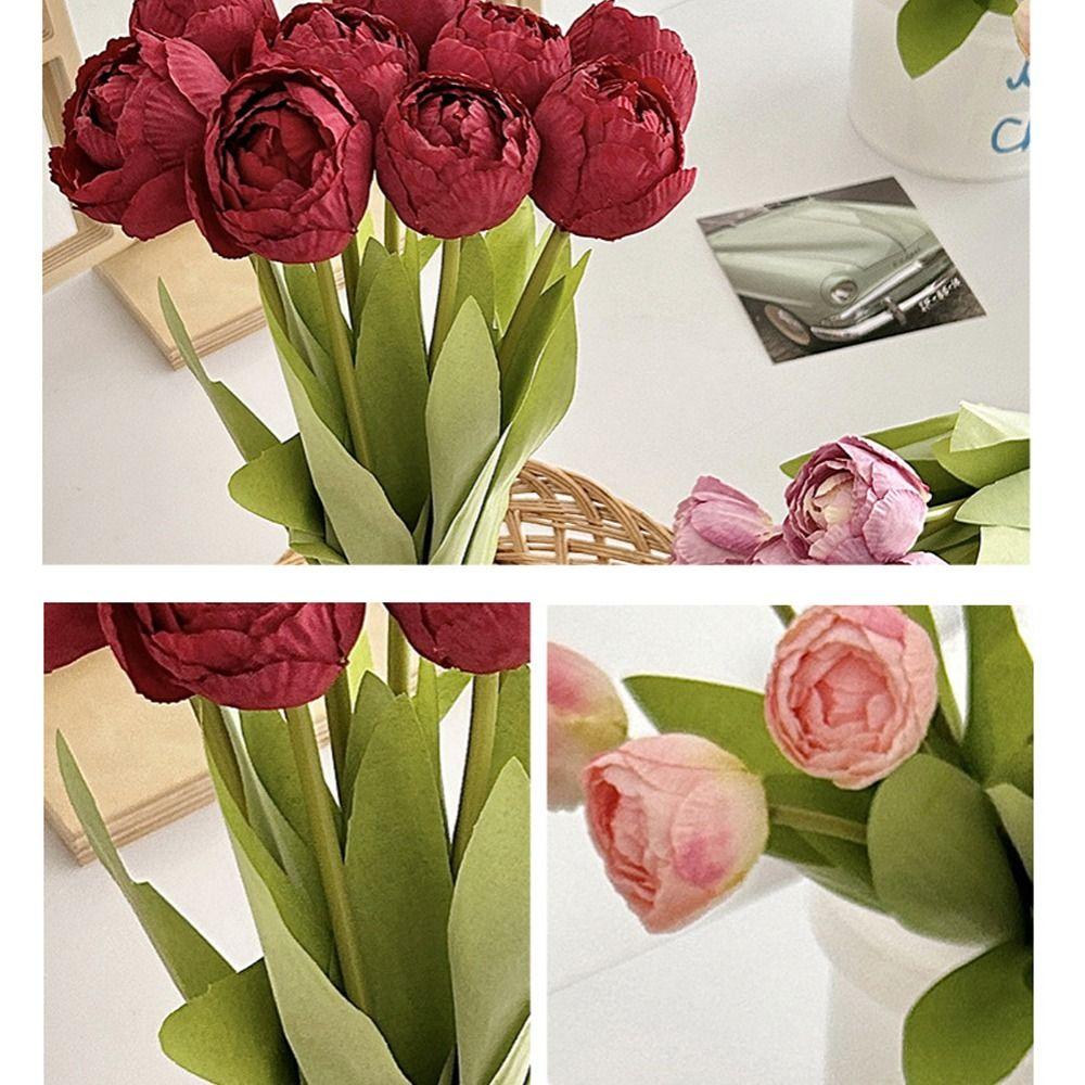 9pcs Real Touch Silk Tulip Flower Burnt Edge Fake Flowers Artificial Tulip Bouquet  Birthday Decor
