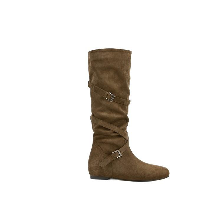 [Spot version] Norwegian stacking boots~ 5cm inner height increase cross buckle medium and high cowboy boots women's western boots