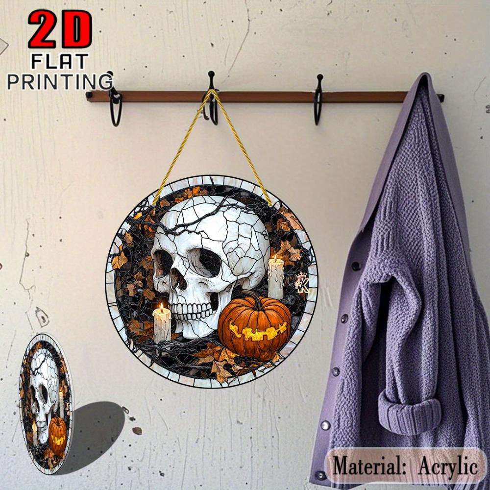 Halloween Skull and Pumpkin Stained Glass Pendant Sun Catcher -  Acrylic Garden Decoration with Candles and Fall Leaves, Outdoor Halloween Decoration,