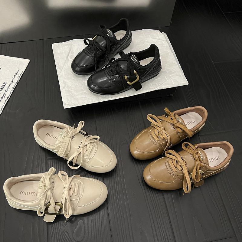 Retro Flat Bottom Soft Sole Belt Buckle Double Shoelace Fashion Casual Small Leather Shoes Single Shoes Women