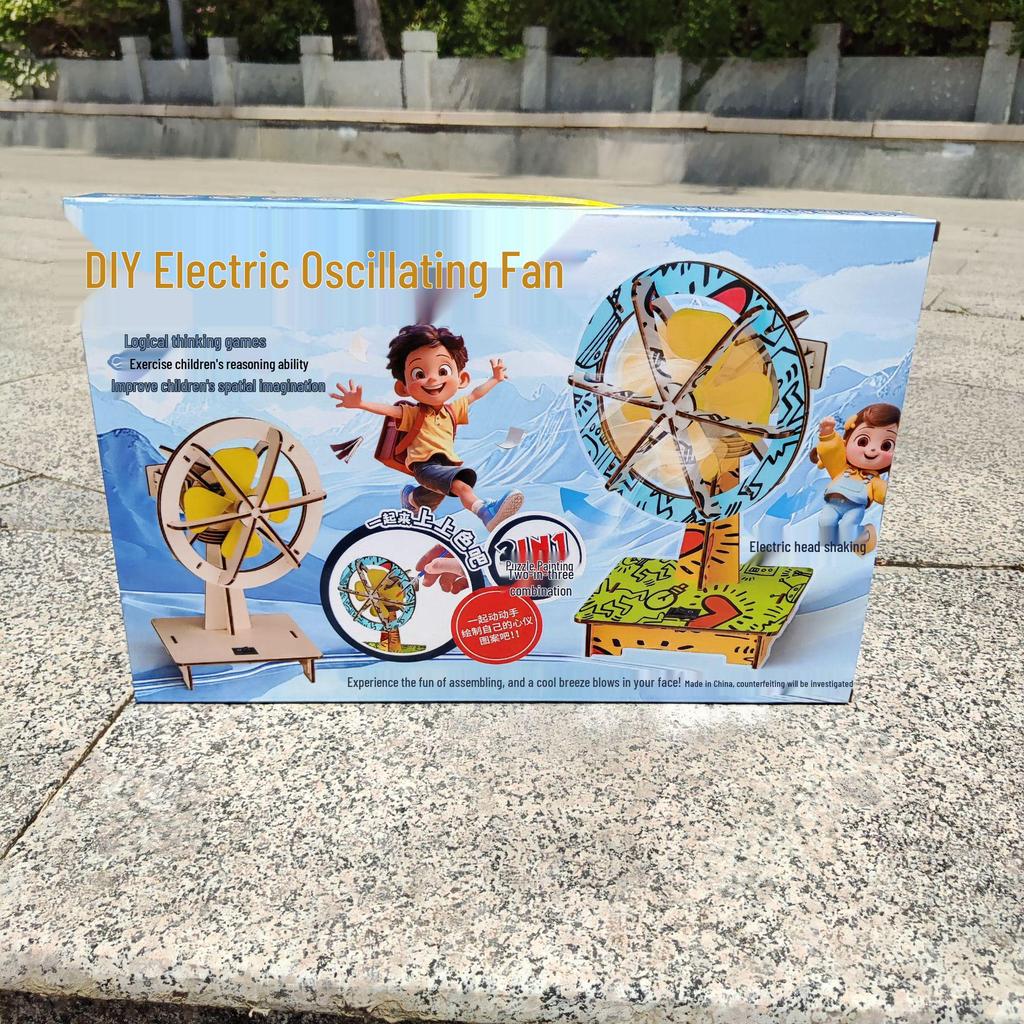 Handmade DIY Electric Shaking Head Fan: Children's Educational 3D Wooden Coloring Toy and Model Kit Set.