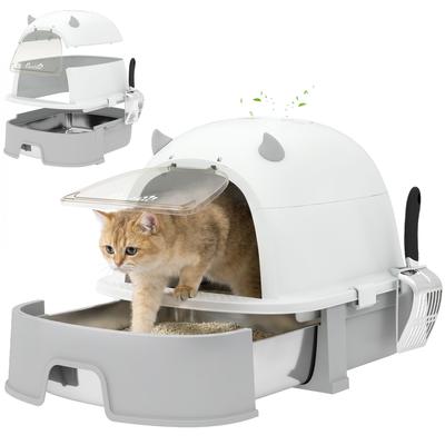 Cat Litter Box Stainless Steel with Removable Lid, Scoop & Activated Carbon Filter for Small To Medium-Sized Cats, Grey