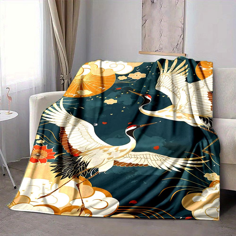 1 Stück leichte Flanelldecke mit Kranich- und Blumenmuster, bequeme und warme Decke, für Büro und Camping, Sofa, Bett, Wohnzimmer076