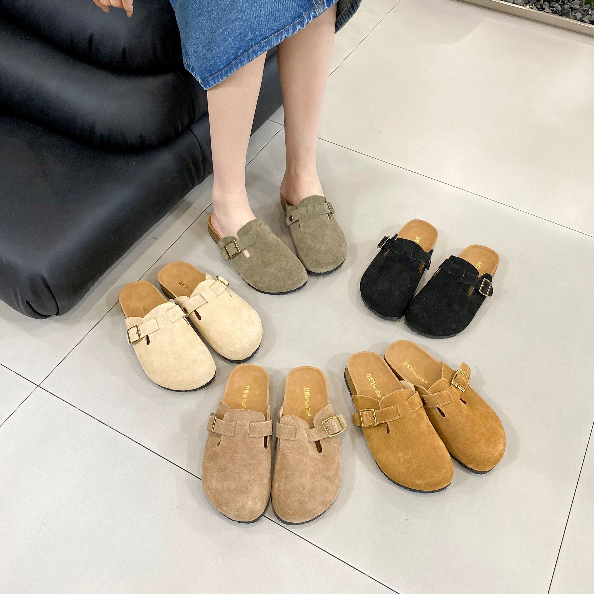 

Винтажные кожаные толстая подошва пробка низкий каблук коровья кожа бокен сумка голова полушлепанцы женские 40 темно-зеленого