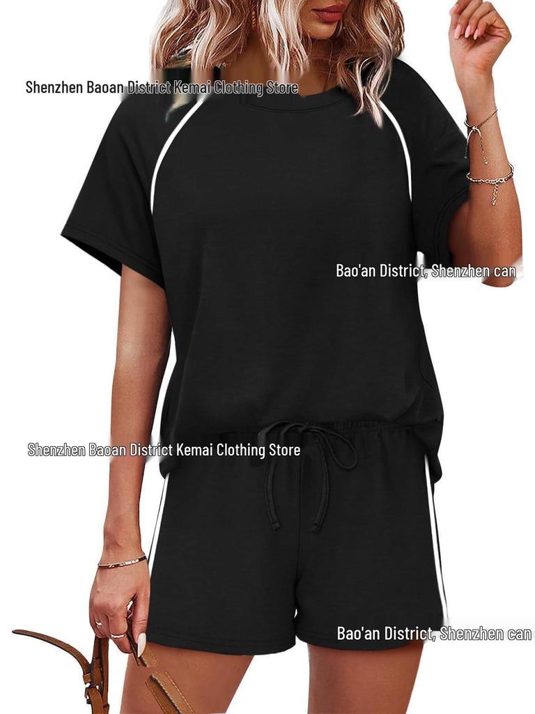 2026 Spring/Summer Women's Stretch Sport Casual Two-Piece Set - Round Neck Short Sleeve Top & Shorts