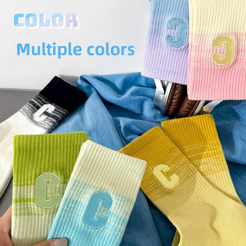 5 Pairs of Female Autumn and Winter Cotton Trend Embroidery Gradient Color All Match Sports Tube Socks