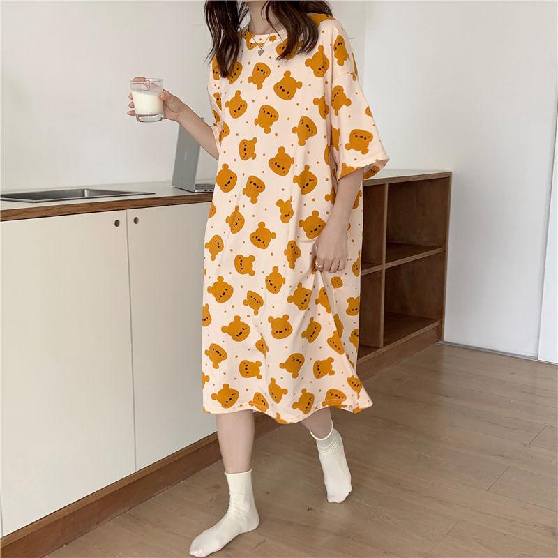 Summer Women's  Loose Short-Sleeve Cartoon Nightdress Cute Lightweight Student Style Sleepwear Home Wear Pajamas